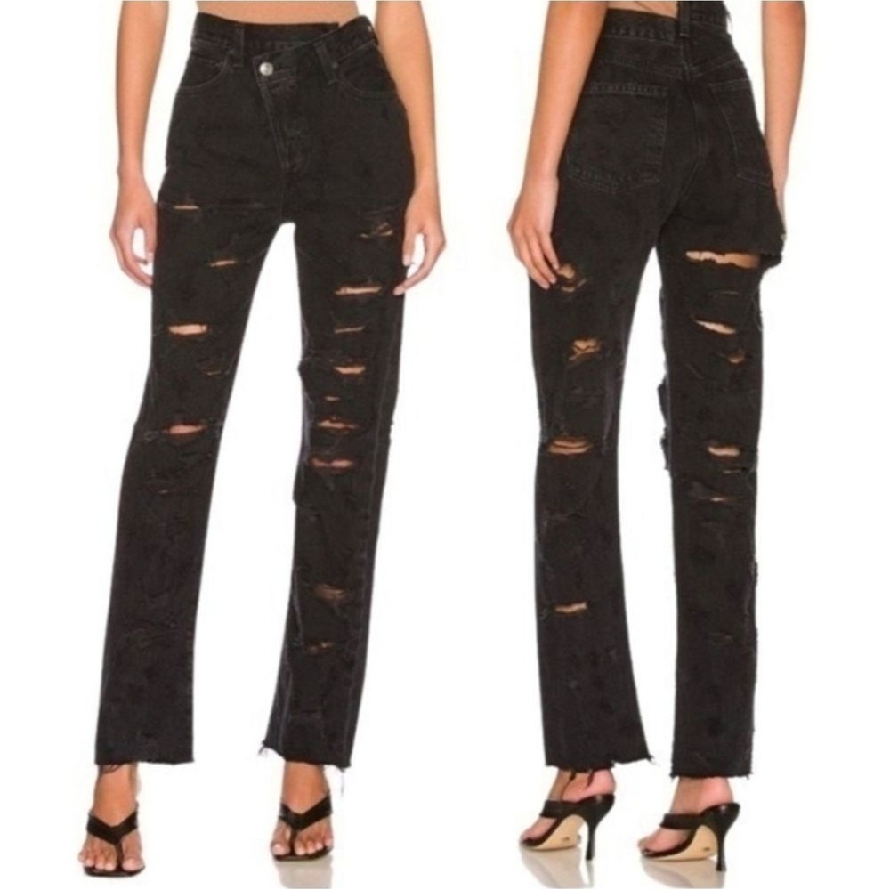 AGOLDE Criss Cross Straight Jeans Women 24 Black Distressed Edgy Streetwear NWT